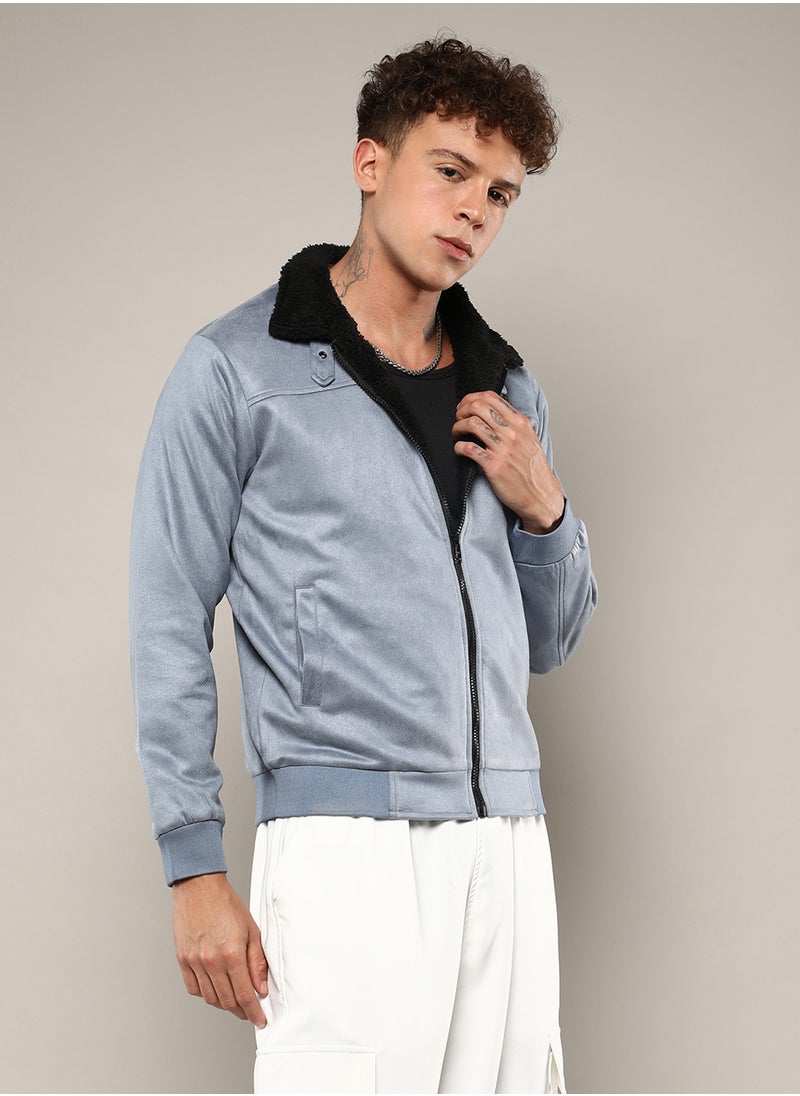 كامبوس سوترا Men's Grey Zip-Front Jacket With Fleece Detail  - Image 3