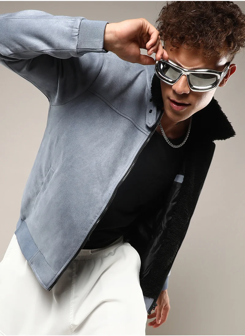 كامبوس سوترا Men's Grey Zip-Front Jacket With Fleece Detail