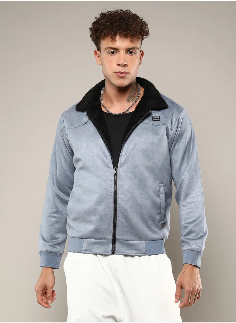 كامبوس سوترا Men's Grey Zip-Front Jacket With Fleece Detail
