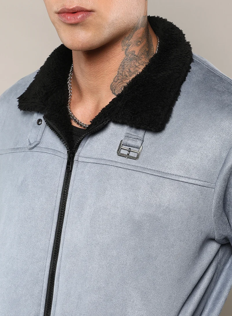 Campus Sutra Men's Grey Zip-Front Jacket With Fleece Detail