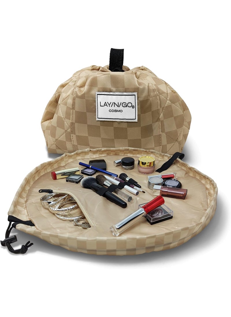 Lay-n-Go Lay-n-Go Cosmo Drawstring Cosmetic & Makeup Bag Organizer - Portable Drawstring Bag w/Zipper Pocket, Makeup Loops & More - Durable, Machine Washable Makeup Bag for Travel (20”, Checked) 