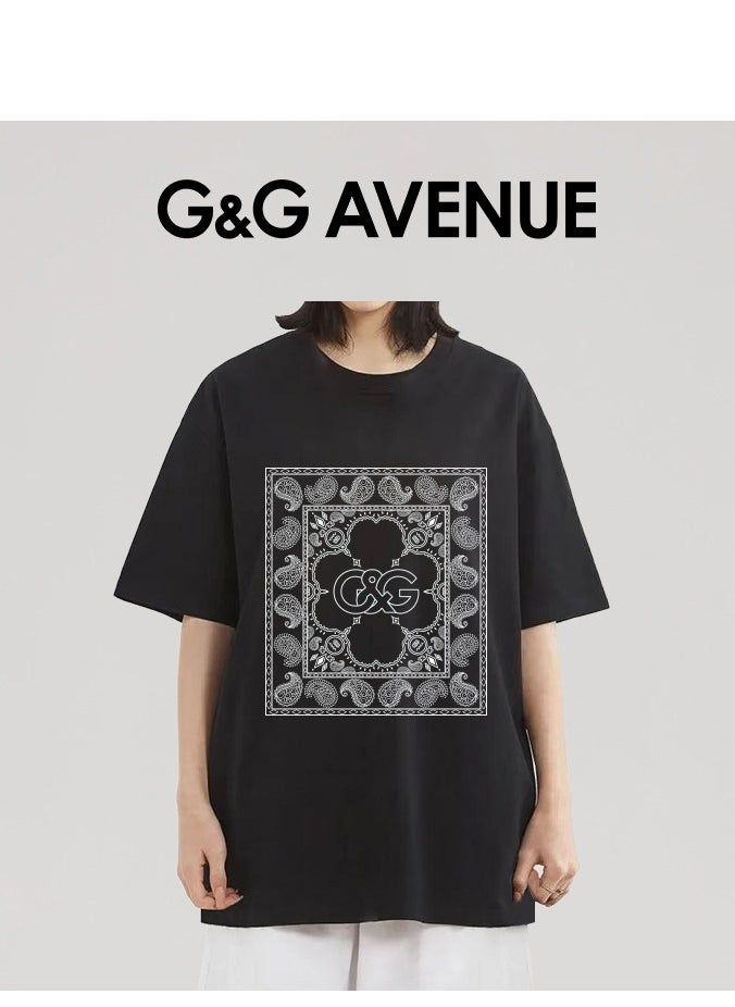 G&G AVENUE - Heavy cotton fabric Men's Sports Style Pure Cotton Thick Oversized Round Neck T-shirt Black New Trend Pattern Casual Style (One Piece) - Image 1