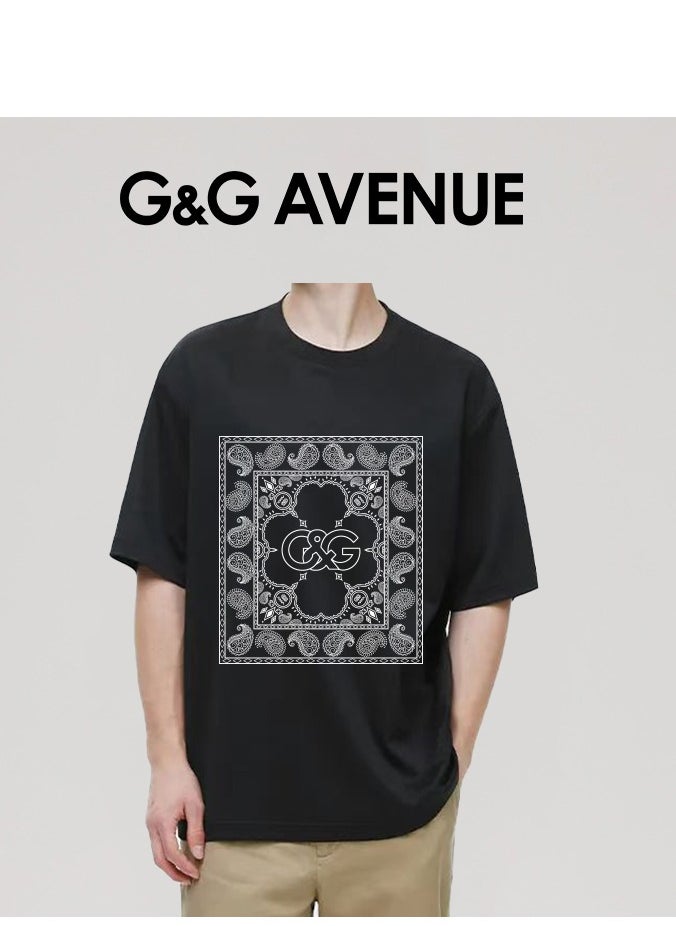 G&G AVENUE - Heavy cotton fabric Men's Sports Style Pure Cotton Thick Oversized Round Neck T-shirt Black New Trend Pattern Casual Style (One Piece) - Image 1