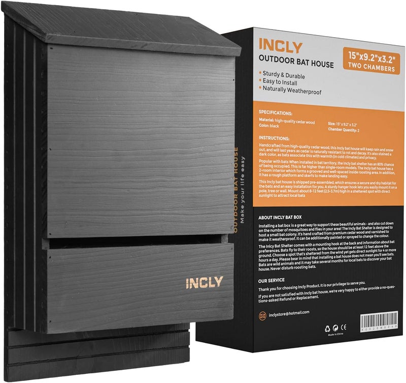 INCLY Bat House for Outdoors 15"x9.2"x3.2" Shelter Box Kit Double Chamber Black Natural Cedar Wood, Pre-Finished Easy to Install - Image 1