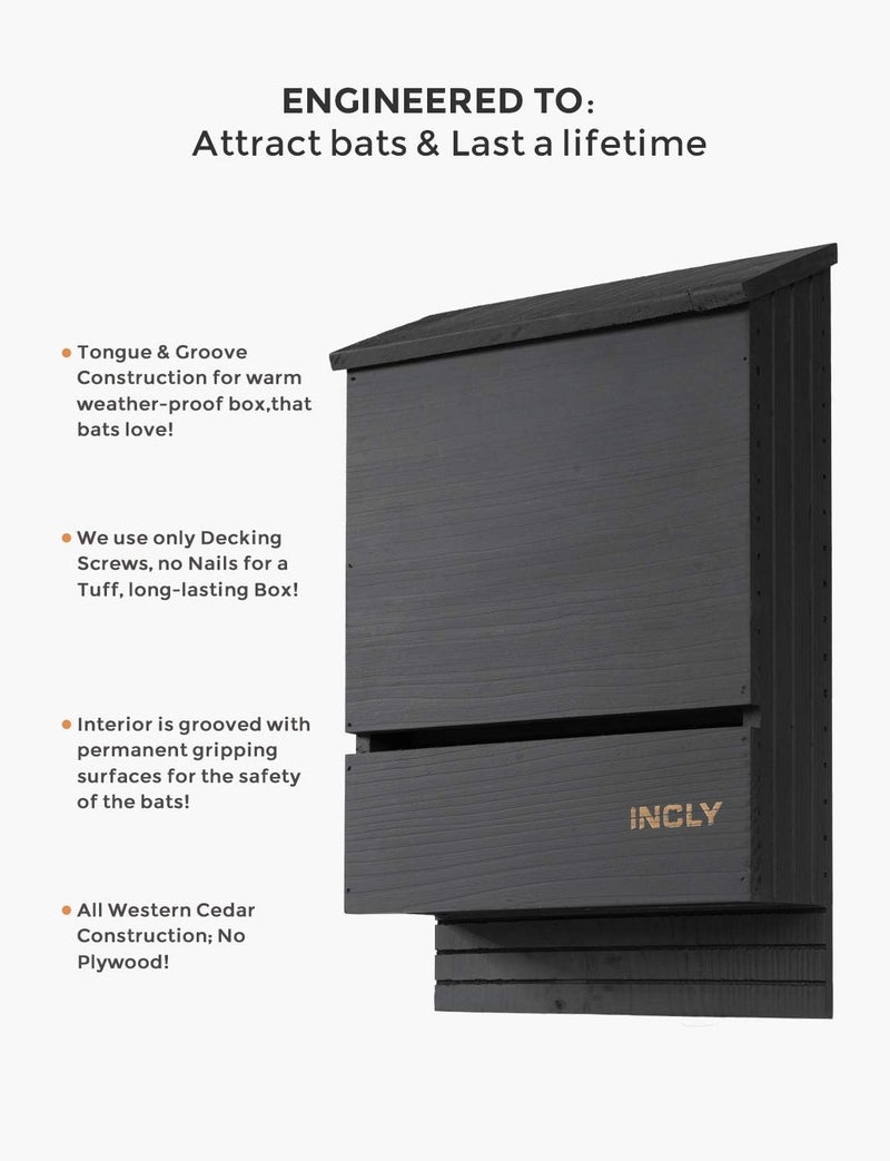 INCLY Bat House for Outdoors 15"x9.2"x3.2" Shelter Box Kit Double Chamber Black Natural Cedar Wood, Pre-Finished Easy to Install - Image 3