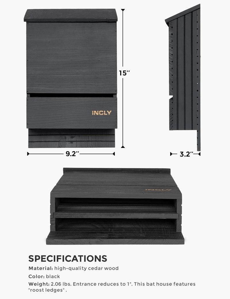 INCLY Bat House for Outdoors 15"x9.2"x3.2" Shelter Box Kit Double Chamber Black Natural Cedar Wood, Pre-Finished Easy to Install - Image 4