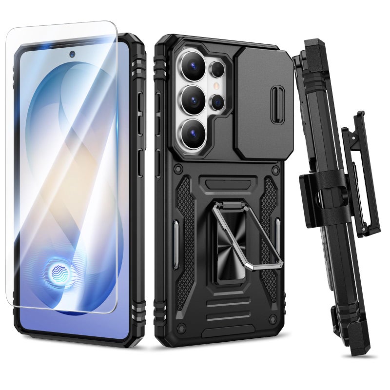 VEGO for Samsung Galaxy S26 Ultra Case, with Slide Camera Protector & Belt Clip Holster & Tempered Glass Screen Protector & 360Â°Ring Kickstand Military Grade Heavy Duty Protection Cover - Black - Image 1