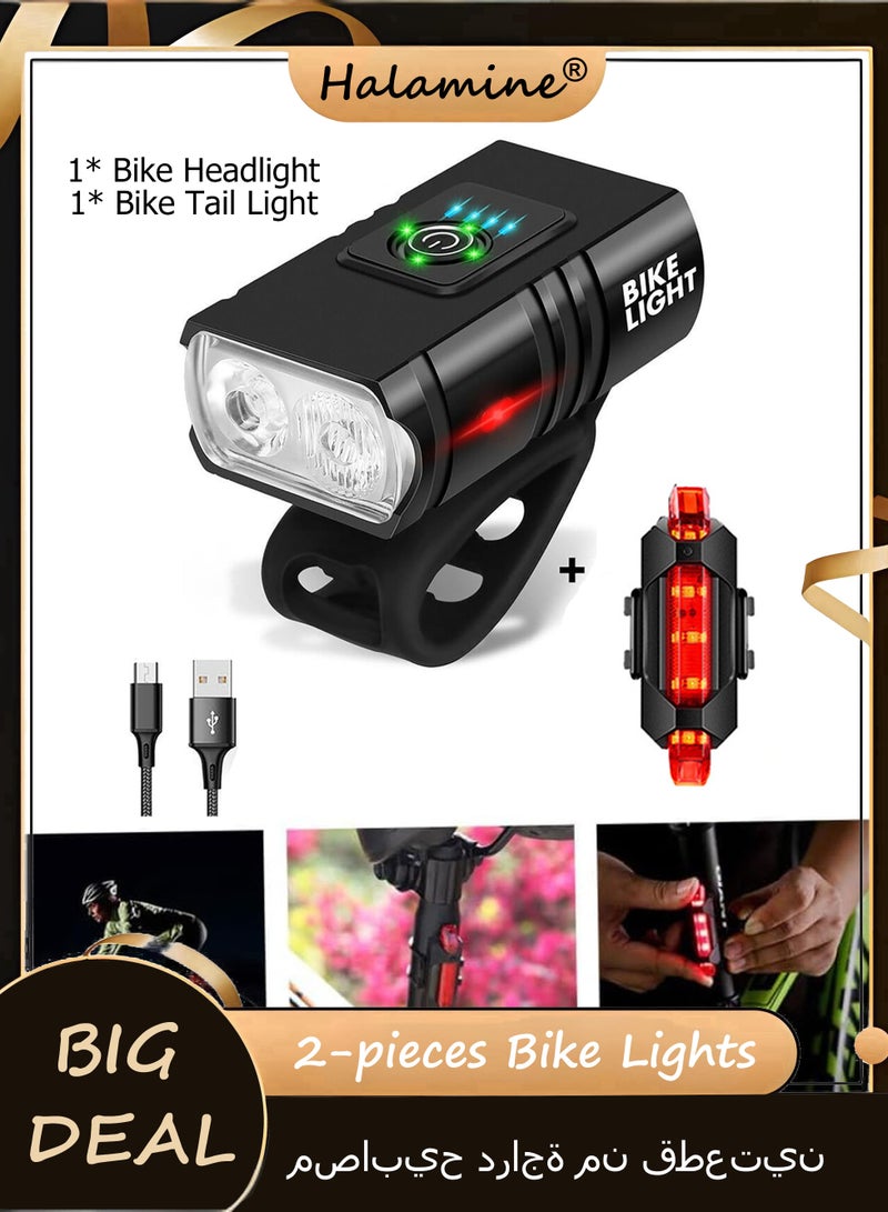 Halamine 2-pieces Bike Lights, USB Rechargeable Bike Lights, Cycle Lights with 6 Modes, Waterproof Cycling Headlight Cycling Equipment - Image 1
