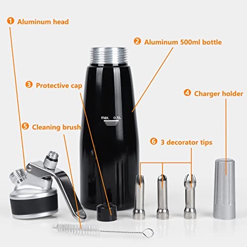 VIGIND Whipped Cream Dispenser 500ml Whipped Cream Charger With Sturdy Aluminum Body And Head,Leak Free,Cream Maker with 2 Sets Decorating Nozzles,Leak Resistant,N2O Chargers (Not Included) - Image 3