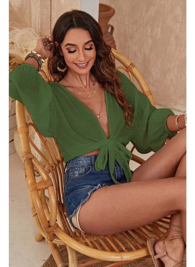 Angelsin Front Tie Casual Shirt Pareo Crop Blouse - Image 4
