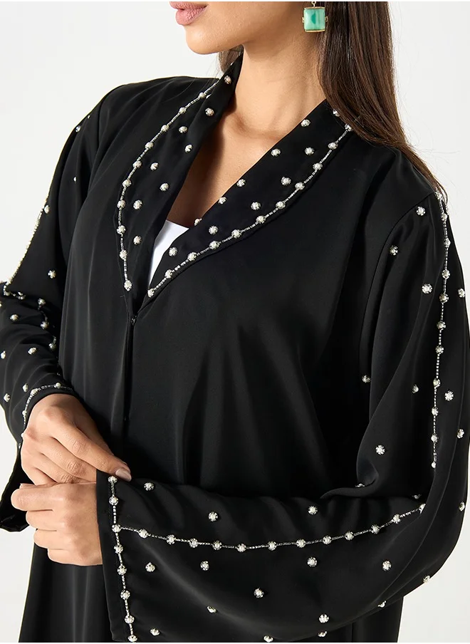 JAMEELA Ink black bell sleeve pearl embellished Abaya