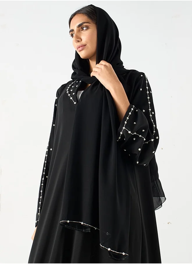 JAMEELA Ink black bell sleeve pearl embellished Abaya
