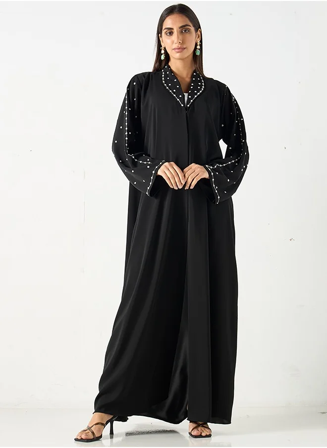 JAMEELA Ink black bell sleeve pearl embellished Abaya