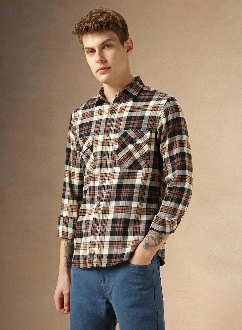 Dennis Lingo Men's Navy 100% Cotton Checkered Relaxed Fit Shirt