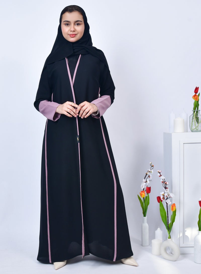 عبايات حوراء عباية بناتية صيفية ربع كلوش بتداخل اللون الارجواني على الاكمام وجوانب العباية - Image 1