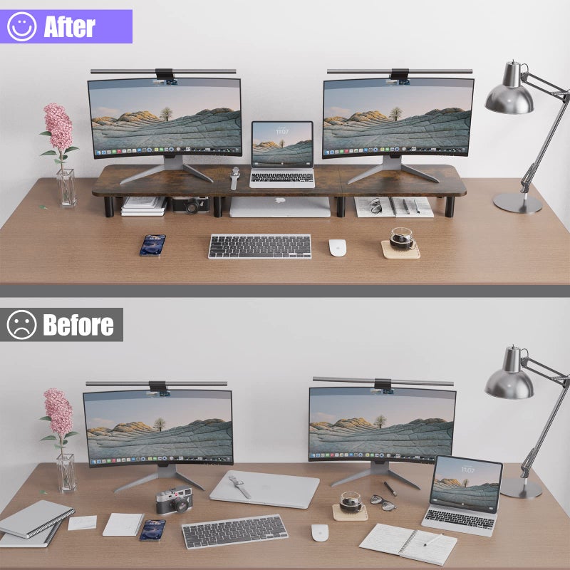 WEGASTU Dual Monitor Stand - 43.7 inch Extra Long Wide TV Stand - Wood & Steel Leg Desktop Riser - Desk Organization - Home Office (Vintage) - Image 5