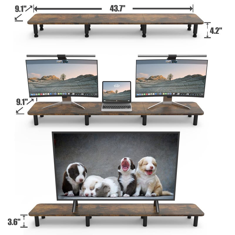 WEGASTU Dual Monitor Stand - 43.7 inch Extra Long Wide TV Stand - Wood & Steel Leg Desktop Riser - Desk Organization - Home Office (Vintage) - Image 4