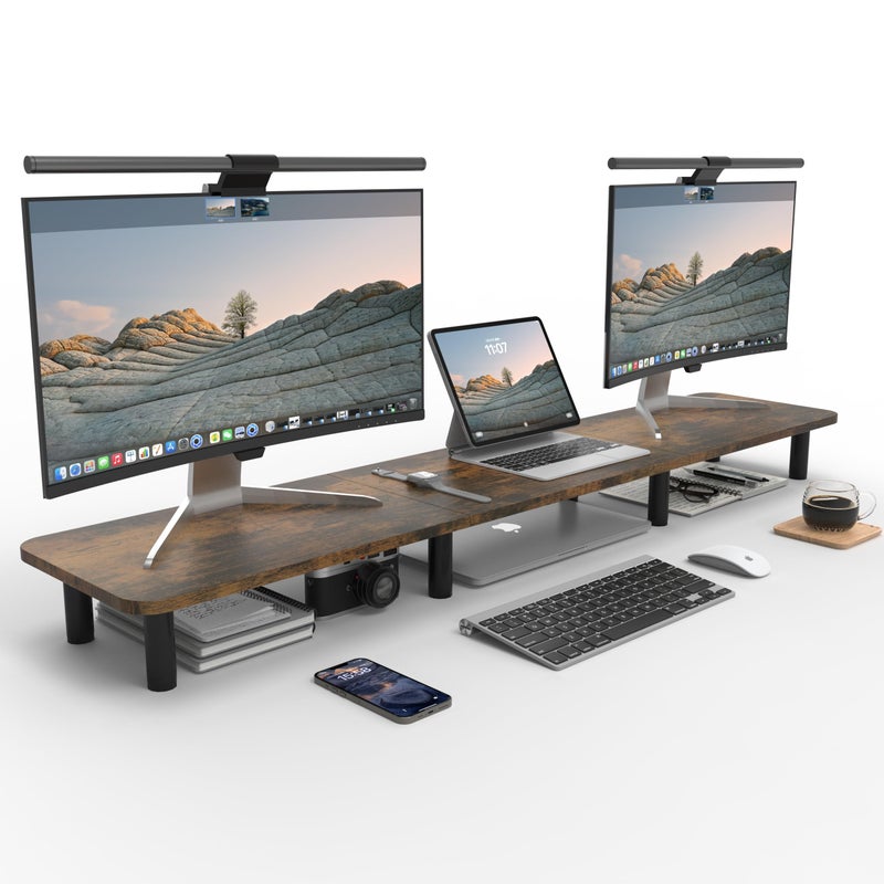 WEGASTU Dual Monitor Stand - 43.7 inch Extra Long Wide TV Stand - Wood & Steel Leg Desktop Riser - Desk Organization - Home Office (Vintage) - Image 1