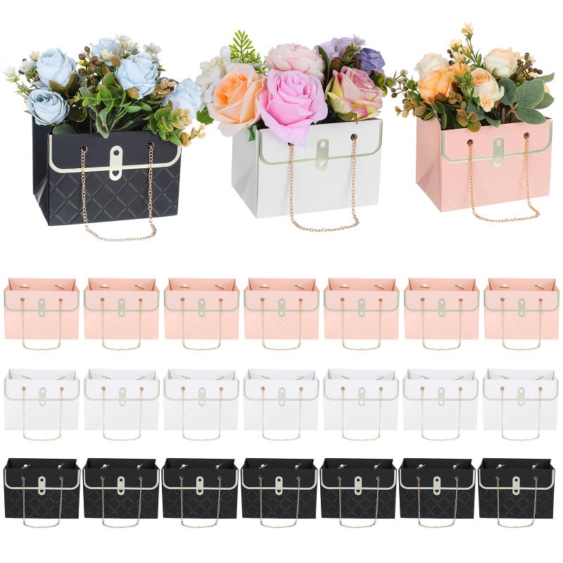 mekueeex 24 Pack Flower Paper Gift Bag, Bouquet Portable Flower Handbag Box with Metal Chain, Rectangle Wedding Gift Wrap Bag, Small Florist Carrier Bag for Arrangements, Valentine's Day, Birthday - Image 2