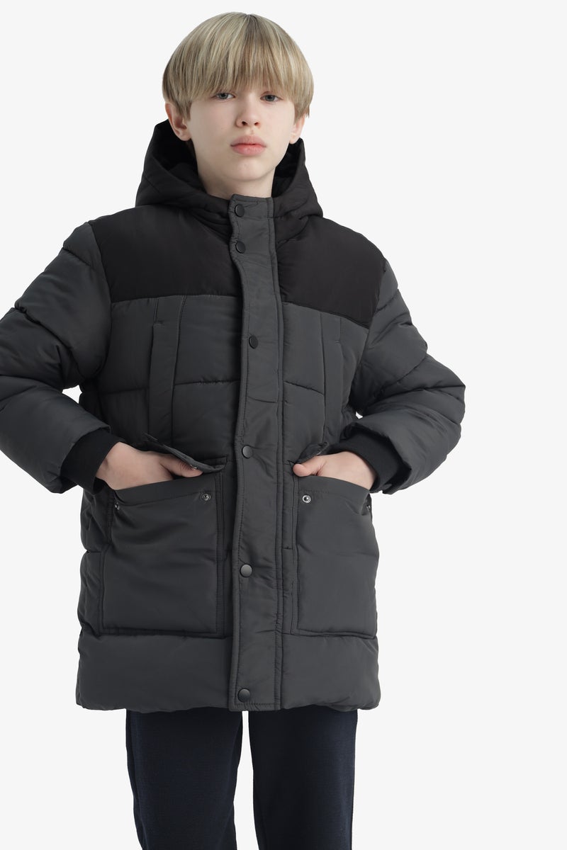 DeFacto Grey Boy Boy Waterproof Hooded Fleece Lined Jacket Casual - Image 3