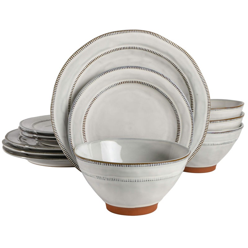 Gibson Elite Terranea Round Reactive Glaze Terra Cotta Dinnerware Set Service for Four 12pcs White