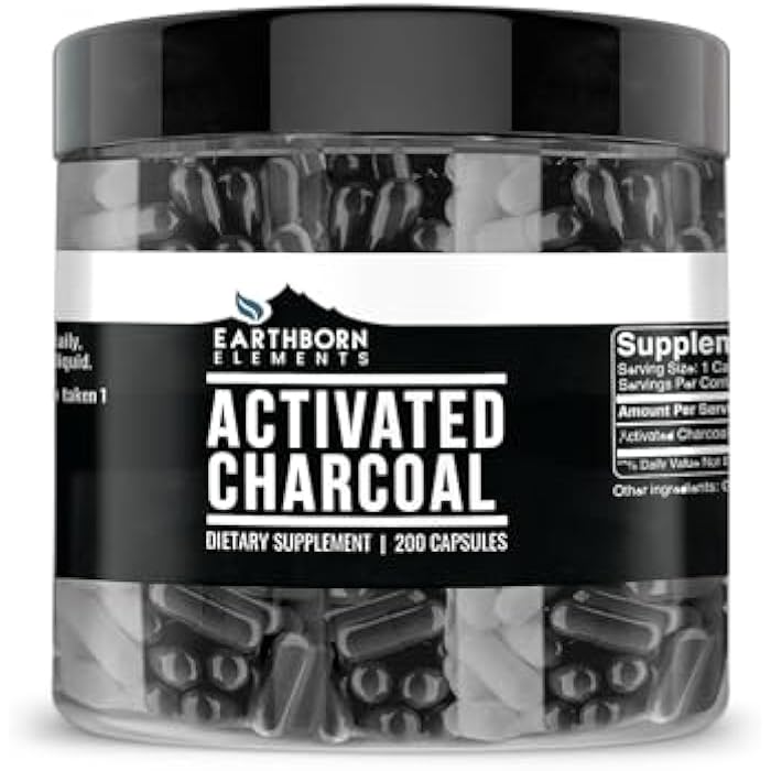 Earthborn Elements Activated Charcoal Capsules, 200 Capsules, Odorless & Non-Toxic Powder - Image 1