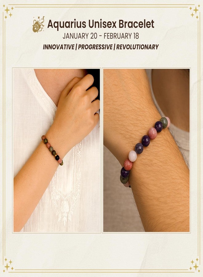 Shivkosha سوار شيفكوشا لبرج الدلو | مجوهرات فلكية يدوية الصنع للجنسين مع أحجار كريمة طبيعية للشفاء | جمشت (حجر الميلاد)، لابرادوريت، رودونيت، كوارتز وردي | التوازن والقوة العاطفية - متوسط - Image 3