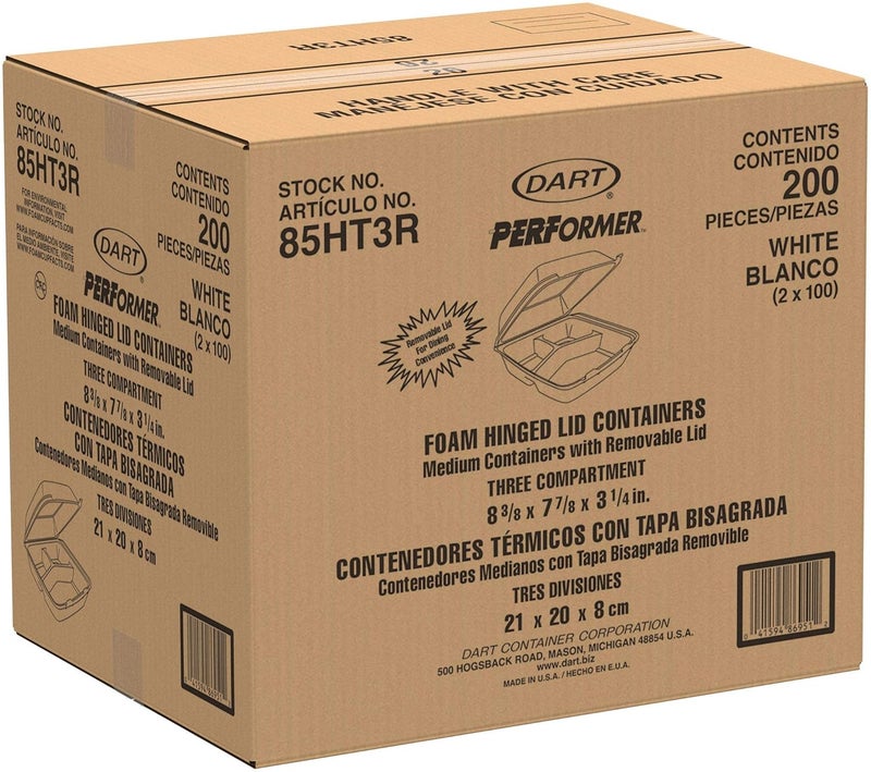 DART 85HT3R Med Perforated 3 Comp Foam Hinged Container, 8.5 Inches (Case of 200), original version,White - Image 3