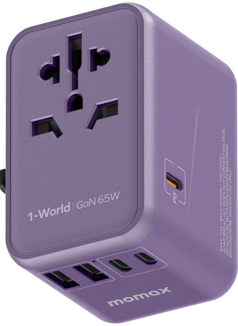 Momax UA8 1-World 65W GaN 5 Ports + Multi Plug Travel Adapter Multi Volt 100-250V USB-C / USB-A - أرجواني - Image 1