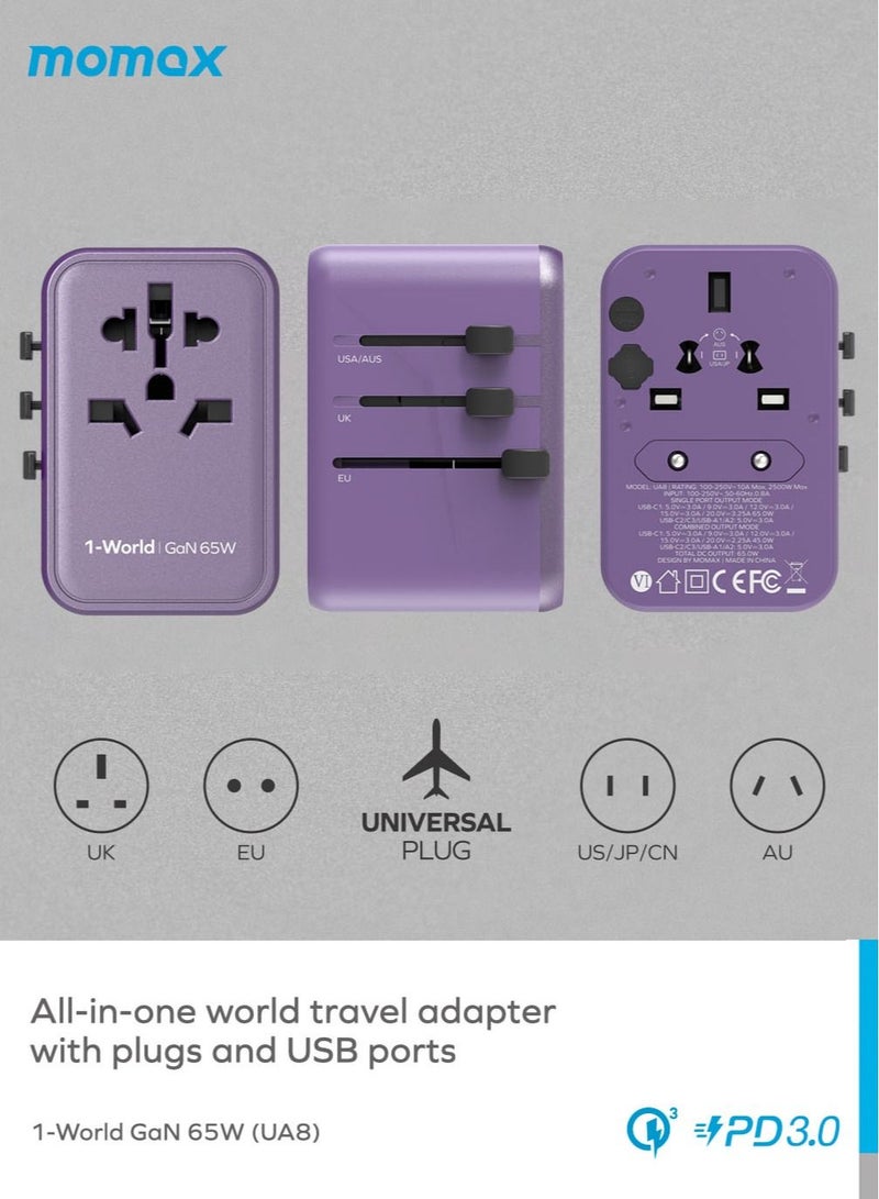 Momax UA8 1-World 65W GaN 5 Ports + Multi Plug Travel Adapter Multi Volt 100-250V USB-C / USB-A - أرجواني - Image 3
