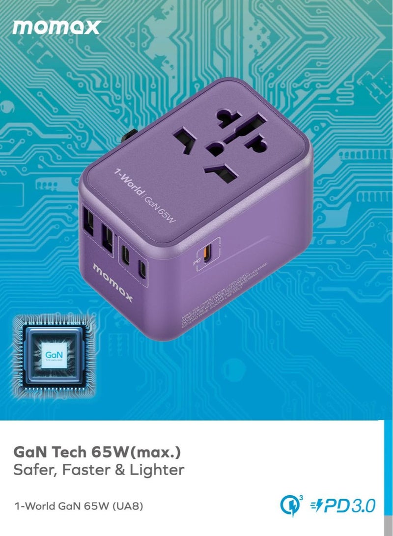 Momax UA8 1-World 65W GaN 5 Ports + Multi Plug Travel Adapter Multi Volt 100-250V USB-C / USB-A - أرجواني - Image 2