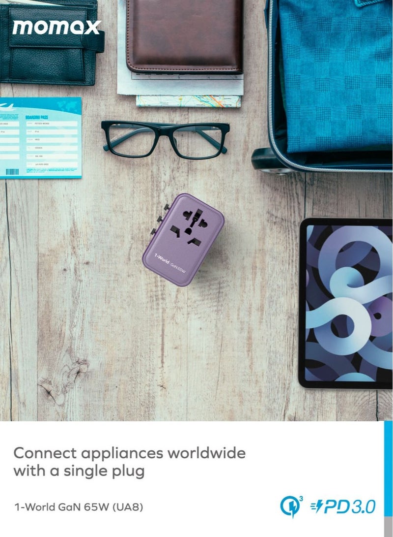 Momax UA8 1-World 65W GaN 5 Ports + Multi Plug Travel Adapter Multi Volt 100-250V USB-C / USB-A - أرجواني - Image 5