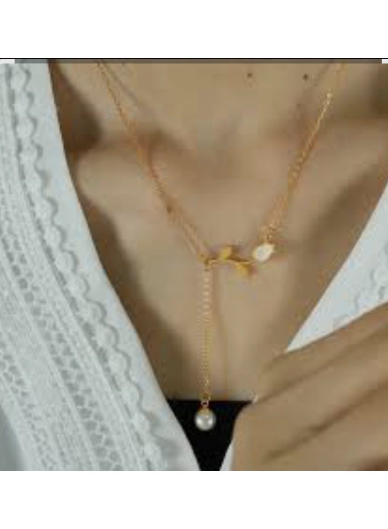 Luxuria Luxury Y-shaped pearl necklace for women, made of 18k gold-plated stainless steel with a white flower pendant, fashionable jewelry - Image 2