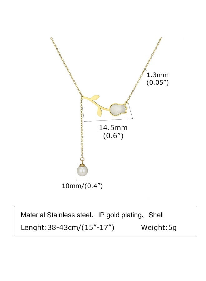 Luxuria Luxury Y-shaped pearl necklace for women, made of 18k gold-plated stainless steel with a white flower pendant, fashionable jewelry - Image 3