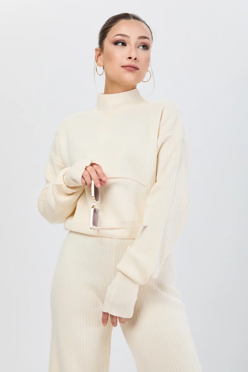 Tofisa 24172-CREAM Thick Ribbed Knitwear Set