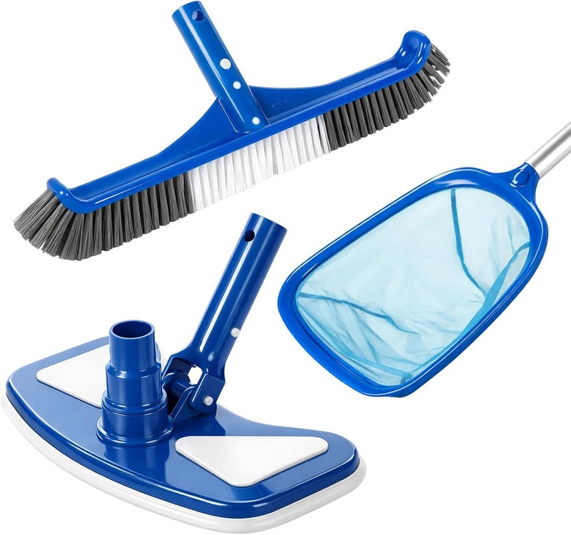 Tioncy 3 Pcs Pool Cleaning Kit Manual Pool Vacuum Head with Bottom Brushes, Large Brush and Skimmer Net Fine Mesh for Above Ground In-ground Ponds Spas Hot Tubs - Image 1