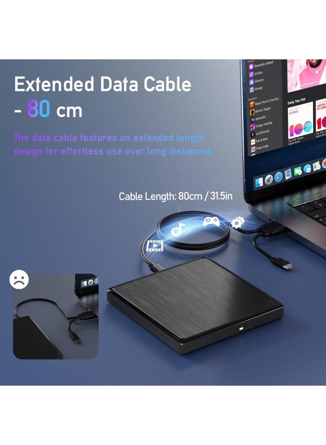 wintale USB CD/DVD External Drive, USB 3.0 and Type-C External CD/DVD Drive for Laptop, CD ROM External Drive for PC with Extended Data Cable, Portable CD Burner DVD Reader for Laptop Windows Linux Mac OS - Image 2