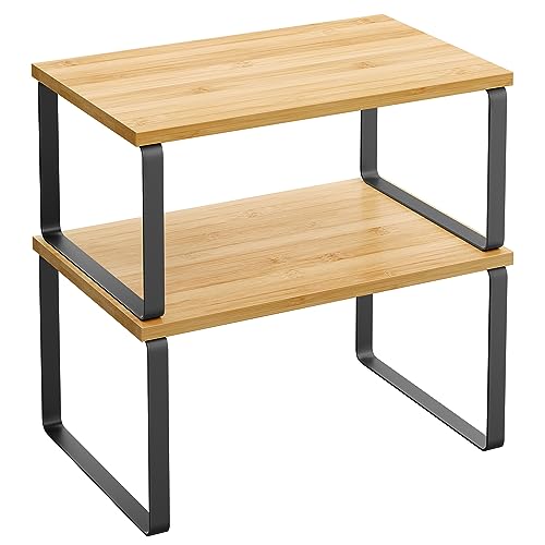 SONGMICS SONGMICS Cabinet Organizer Shelf Set of 2 Kitchen Counter Shelves Kitchen Storage Spice Rack Stackable Expandable Metal and Engineered Wood Ink Black and Natural Beige UKCS02NB