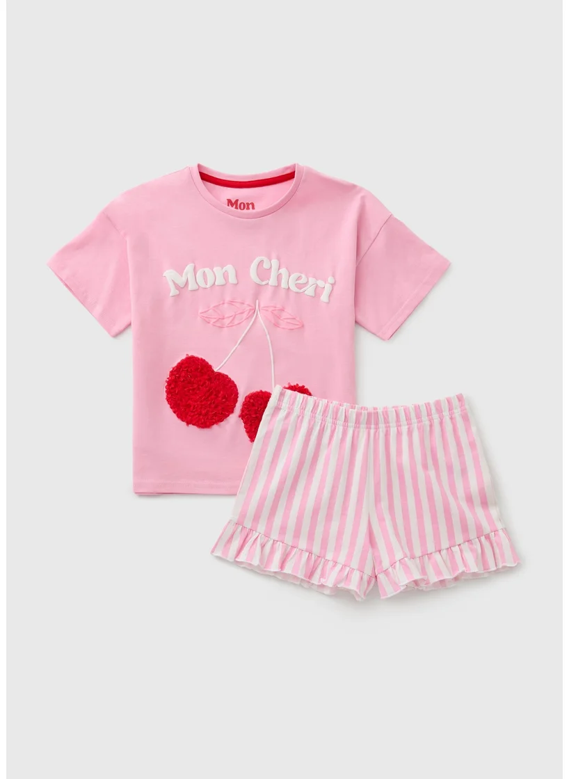 Matalan Girls Pink Cherry Stripe Frill Pyjama Set