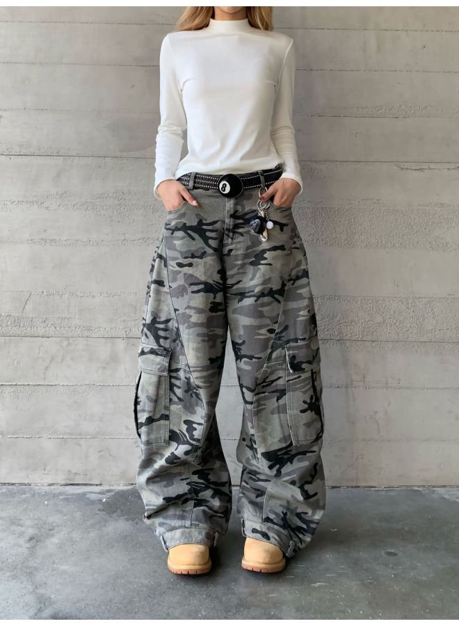 American Style Retro Camouflage Workwear Machete Jeans Trousers Autumn New Loose Profile Wide Leg Casual Trendy Pants 