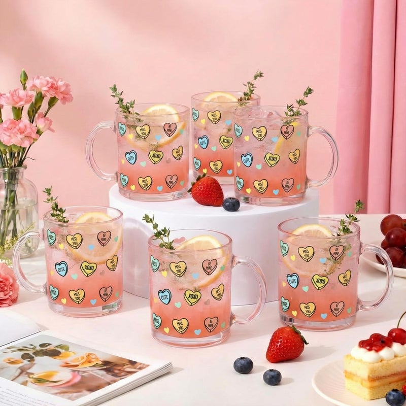 Maxcheck 6 Pack 12 oz Valentines Day Heart Glass Coffee Mugs with Handle Heart Glasses Cups Love Drinking Glasses for Valentine's Day Party Supplies Gifts - Image 1