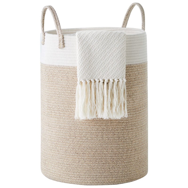 cotton Rope Laundry Hamper by YOUDENOVA  58L - Woven collapsible clothes Storage Basket for Blankets  Laundry Room Organizing  Bedroom  Brown & White