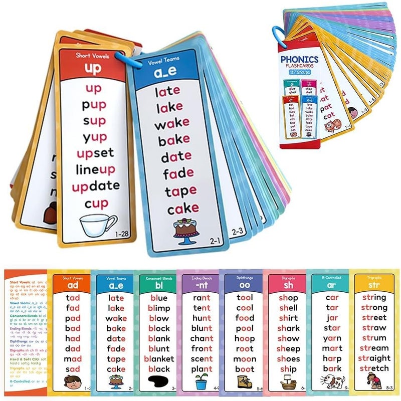 Excefore Phonics Word Lists Cards, Vocabulary Building Teaching Aids with 900+ Phonics Rhyming Words, 117 Groups Phonetic Word Column List, Speech Stady Tools for Toddlers, Kid - Image 1