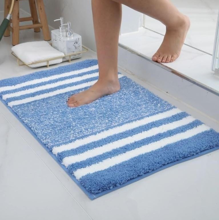 GREEVA Microfiber Striped Bath Mat Soft Absorbent Bathroom Mat for Kitchen Bedroom Shower Rugs Door Mat Entrance Mat AntiSlip Floor Bathmat 60x40 CM Blue - Image 1