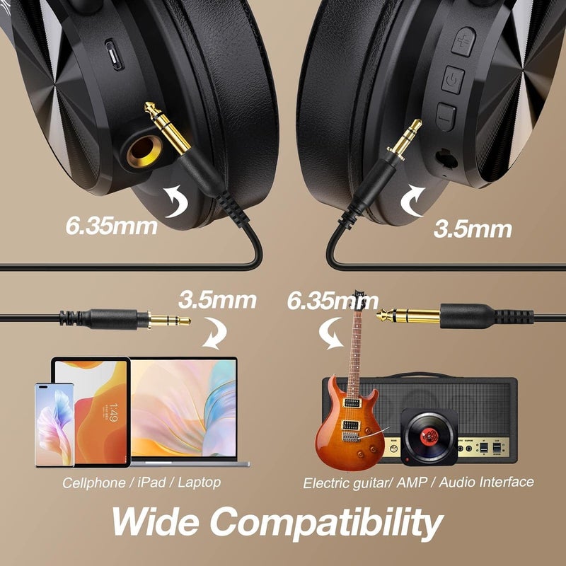 OneOdio A70 Bluetooth Over Ear Headphones, Wireless Headphones w/ 72H Playtime, Hi-Res, 3.5mm/6.35mm Wired Audio Jack for Studio Monitor & Mixing DJ Guitar AMP, Computer Laptop PC Tablet - Black - Image 4