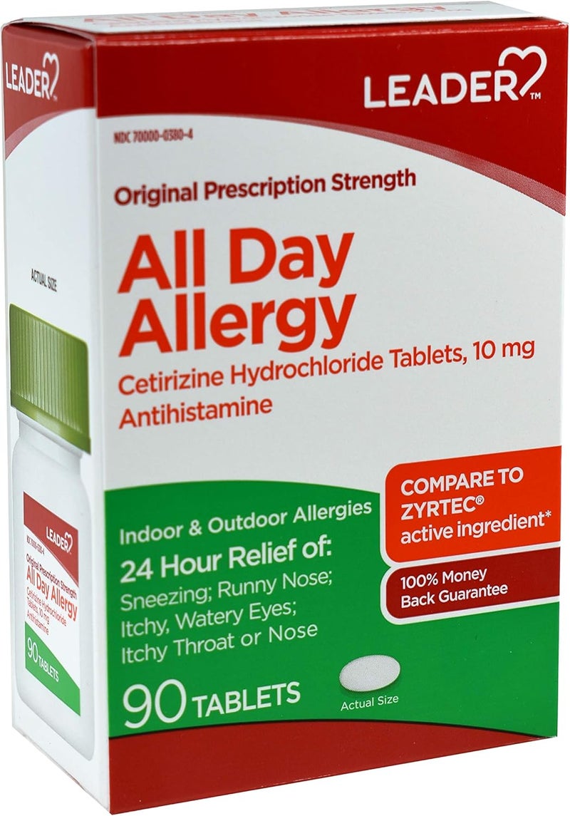 Leader 24 Hour All Day Allergy Relief, Cetirizine Hcl Tablets, 10 mg, 90 Count