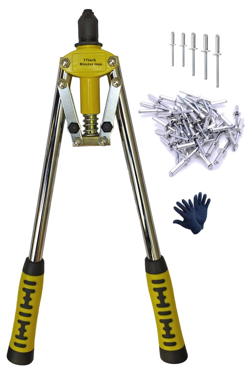 Inditrust 17inch 425mm Hand Riveter Gun, Riveting Tool Fast Hitting Rivet Gun with 5 type Pop Rivets and GLOVES (with 50 Rivets) - Image 1