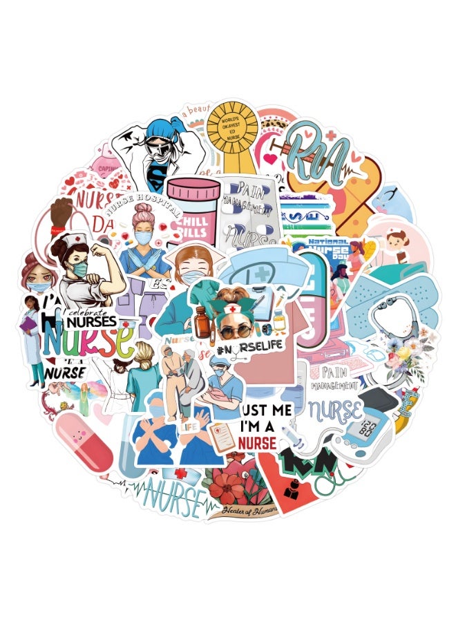 NIBEMINENT 50 Pcs Nurses Deco Kit Waterproof Stickers, High Definition Printing Bright Colors, Suitable for Laptop Skateboard Luggage Water Bottle Guitar DIY - Image 1