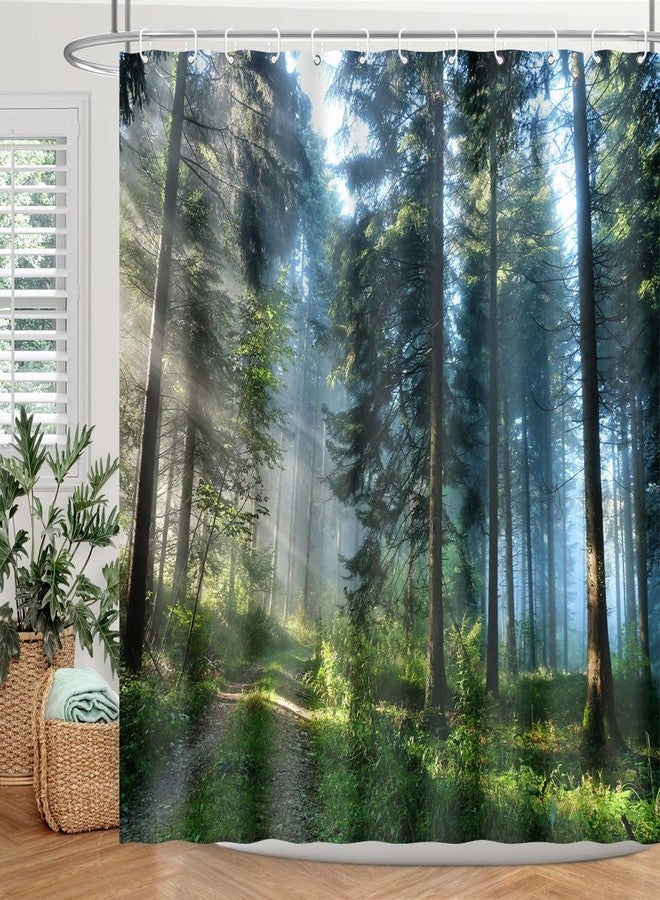 BIYSUC Forest Tree Shower Curtain Green Plant Tall Staight Trees in Sunshine Misty Nature Scenery Landscape Bathroom Decor Waterproof Polyester Fabric 72Lx72W Inch with Hooks - Image 3