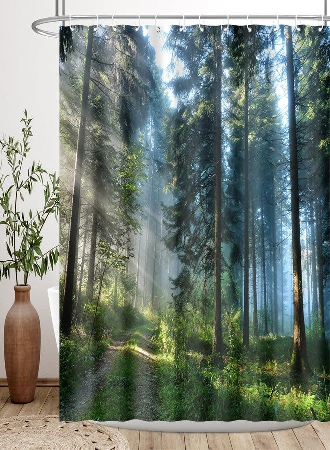 BIYSUC Forest Tree Shower Curtain Green Plant Tall Staight Trees in Sunshine Misty Nature Scenery Landscape Bathroom Decor Waterproof Polyester Fabric 72Lx72W Inch with Hooks - Image 1